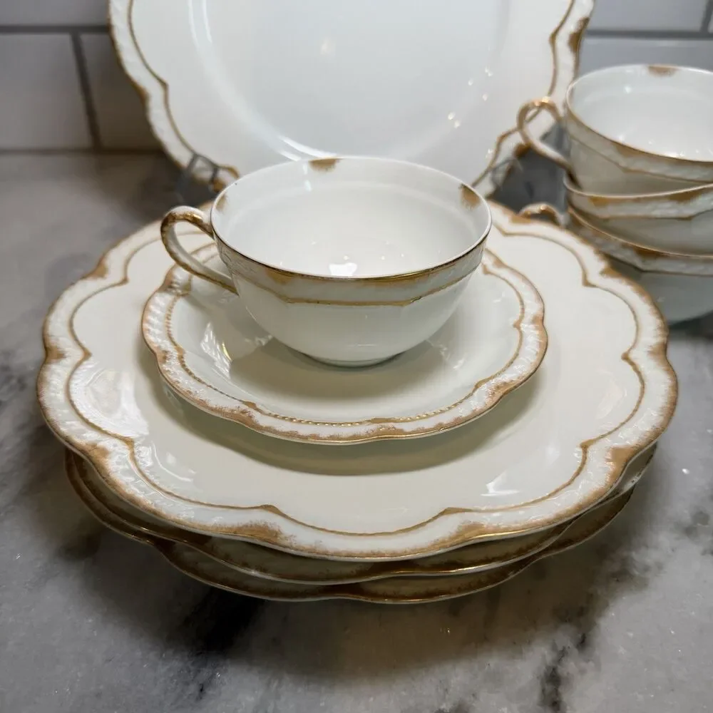 Antique Haviland Limoges Gold Dusted Rim Scalloped Plate Saucers Cups For 4 Set
